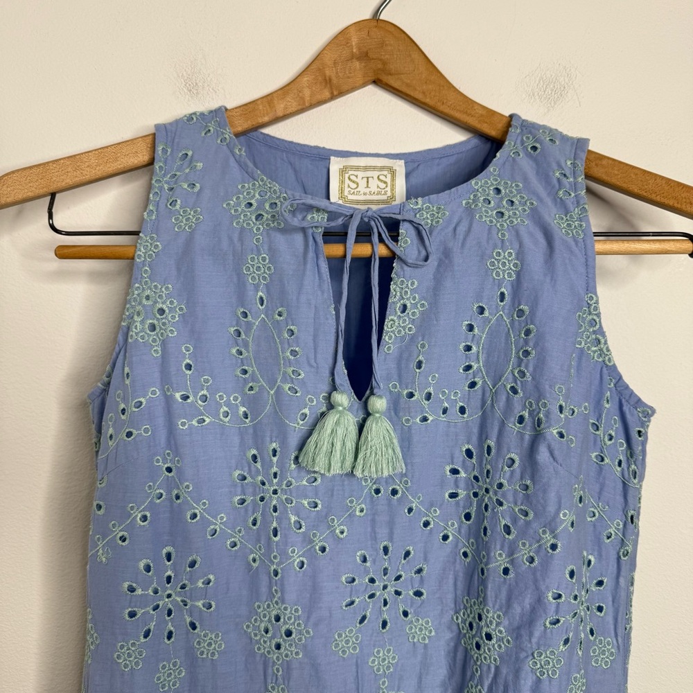 SAIL to SABLE Eyelet Sleeveless Ruffle Hem Dress Cabbage/Hydrangea Cotton Sz S - Picture 6 of 15